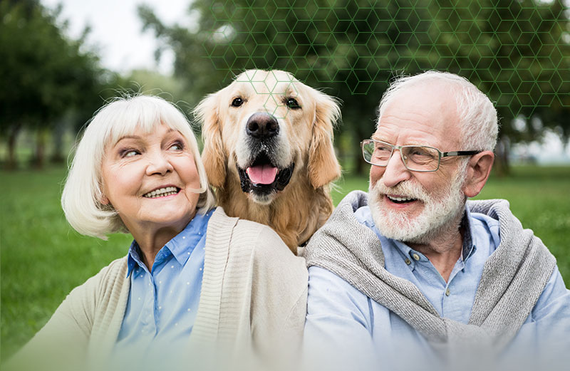 senior couple in park with dog